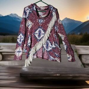 Entro Southwestern Fringe Poncho Sweater Cardigan One Size Fits Most Pockets